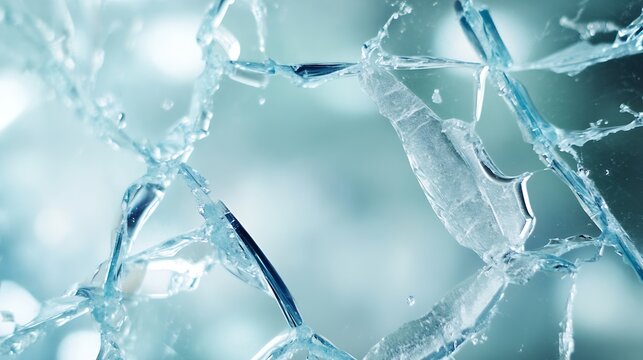 Close up of broken glass pieces scattered on a surface with a blurred background creating an abstract pattern : Generative AI