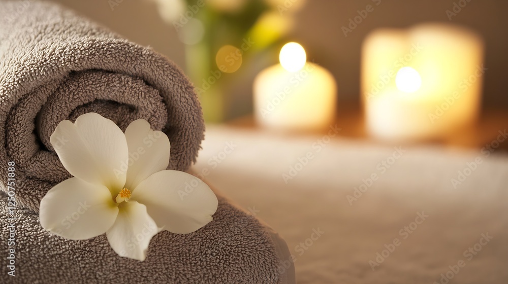 Aufkleber Spa Essentials with Rolled Towel and Candles Creating a Relaxing Atmosphere : Generative AI