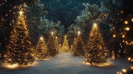 Christmas trees covered in sparkling fairy lights, glowing beautifully in a snowy winter wonderland. --chaos 20 --ar 16:9 --quality 2 --v 6.1 Job ID: e6c48d7f-995a-469c-8442-bef651b11855