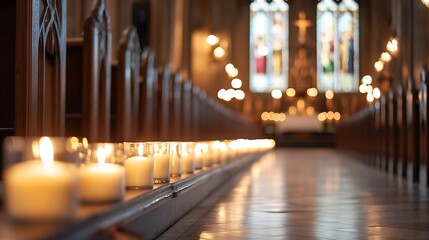 Obraz premium Serene Candlelit Interior of a Church with Soft Light and Stained Glass Windows : Generative AI