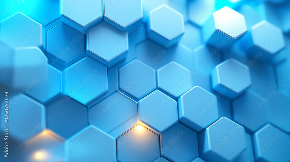 Poster blue hexagon pattern with glowing accents in a modern design setting showcasing geometric shapes and