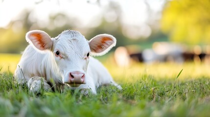 Obraz premium Adorable white calf lying in green grass with blurred cows grazing in the background in a tranquil farm setting : Generative AI