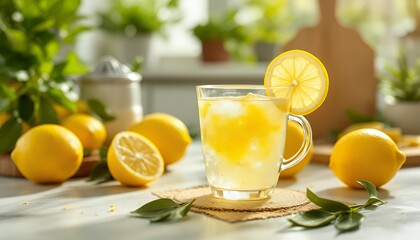 Fototapeta premium Refreshing Lemonade with Ice and Fresh Lemons on Bright Background