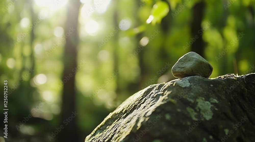 Poster closeup of a single stone resting on a mossy rock illuminated by soft sunlight : generative ai