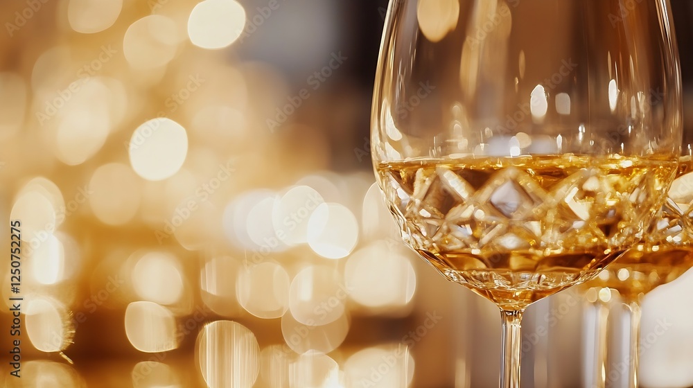 Poster elegant crystal wine glasses filled with golden liquid reflecting warm bokeh lights creating a festi