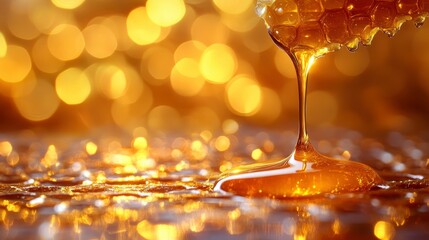 Golden honey dripping from honeycomb, festive lights
