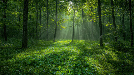 Fototapeta premium Sunbeams illuminate lush green forest floor