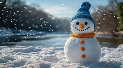 Obraz premium Snowman in a winter landscape, smiling under falling snow near a river