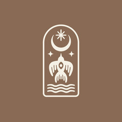 Boho alchemy esoteric mystical magic celestial talisman with moon, star, bird, eye and water element design. 