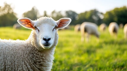 Fototapeta premium Adorable sheep looking directly at the camera with a peaceful green background : Generative AI