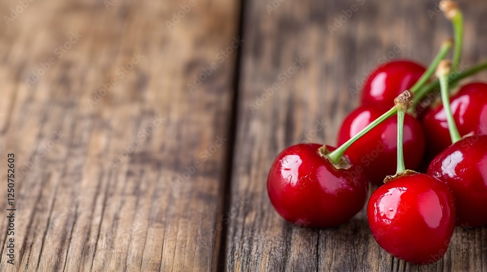 Poster Fresh Juicy Cherries Resting on Rustic Wooden Table Creating a Vibrant Still Life Scene : Generative AI