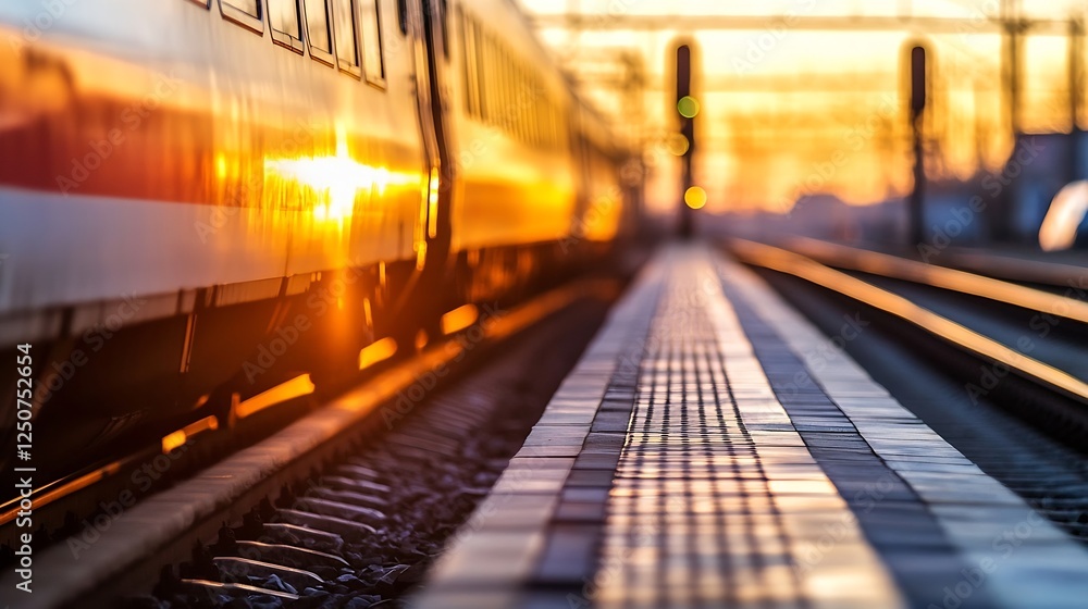 Poster dramatic sunset at a train station with gleaming tracks and moving train passing by : generative ai