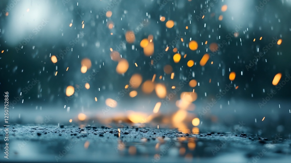 Leinwandbilder Dynamic Rain Drops Creating Ripples with Bright Sparks Reflecting in Puddles : Generative AI