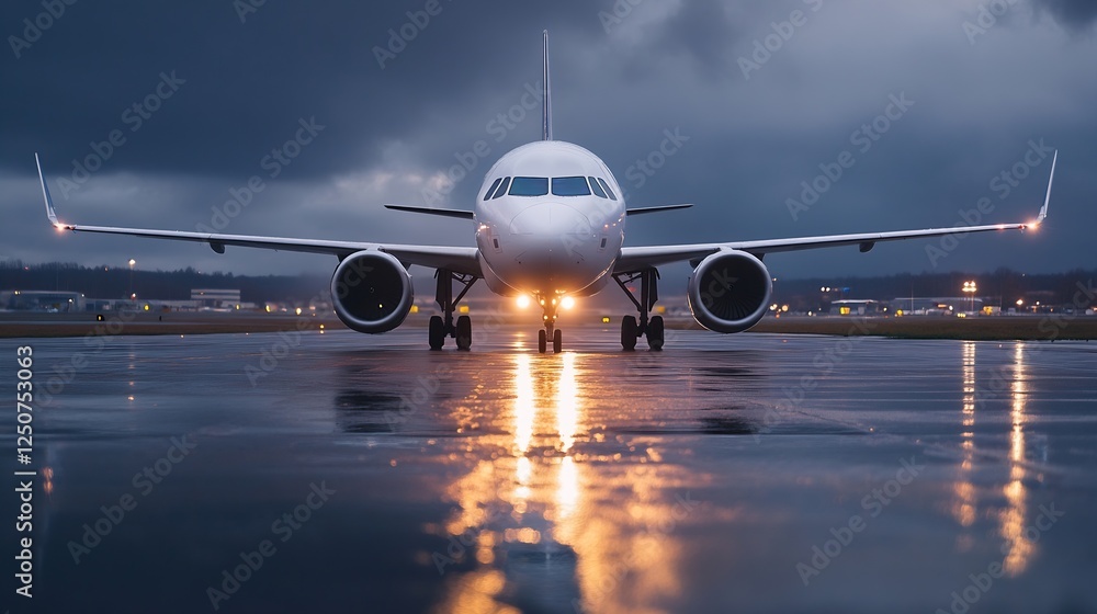 Poster white aircraft taxiing on a rainsoaked runway with dramatic skies and lights reflecting on the wet s