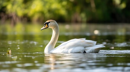 Obraz premium Elegant swan swimming gracefully in calm waters reflecting the lush greenery around : Generative AI