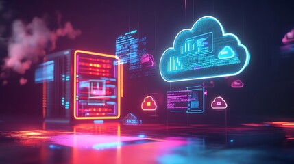 Neon Cloud Server 3D Illustration