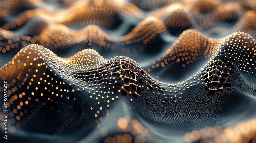 Poster abstract close-up of digital waves with glowing dots and lines