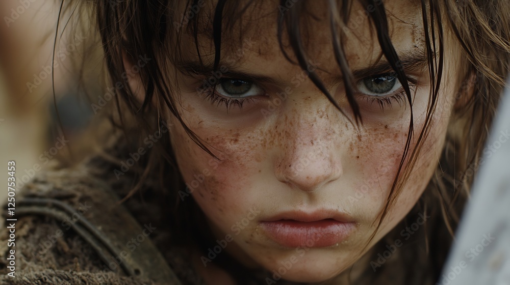 Poster intense close up of a young girl with freckles and determined expression in natural light : generati