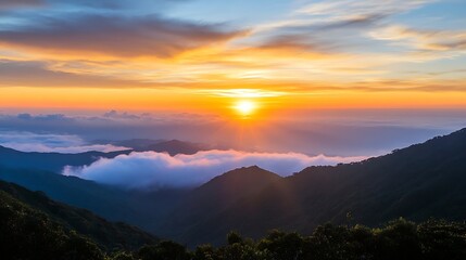 Obraz premium Stunning sunset view over a mountain landscape with clouds and vibrant colors creating a breathtaking scene : Generative AI