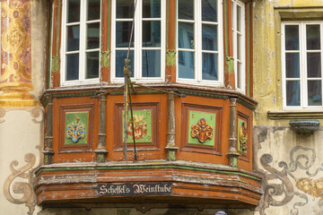 Fototapeta premium Frescoes depicting village life on the painted houses of the old town of Stein am Rhein, Canton Schaffhausen, Switzerland