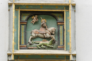 sculpture on a house of the old town of Stein am Rhein, Canton Schaffhausen, Switzerland