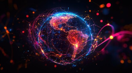 Obraz premium Colorful Digital Globe with Network Connections and Bright Lights