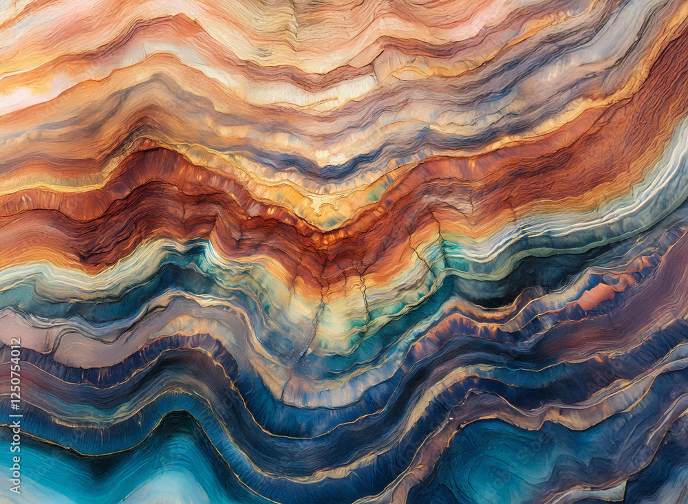 Poster abstract painting with layered, wavy forms. warm and cool colors blend in a dynamic, textured backgr