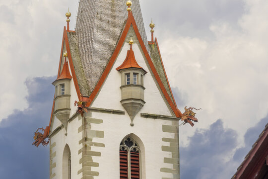 tower of St. George's Abbey a Benedictine monastery in the old town of Stein am Rhein, Canton Schaffhausen, Switzerland