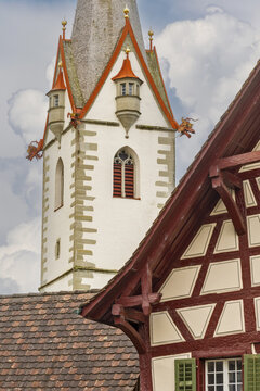 tower of St. George's Abbey a Benedictine monastery in the old town of Stein am Rhein, Canton Schaffhausen, Switzerland