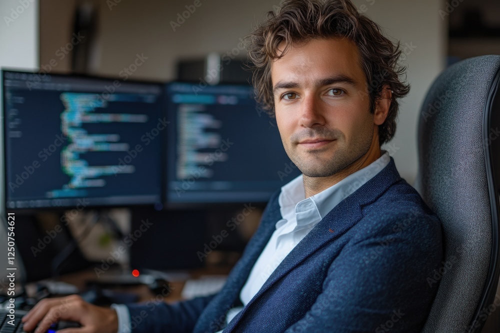 Poster a young programmer sits confidently at his dual-monitor workstation, focused on coding.