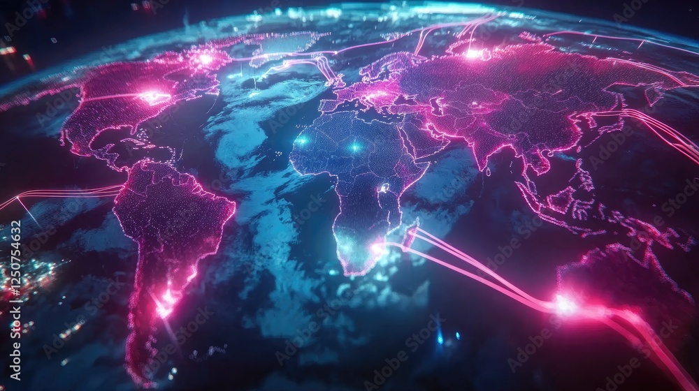 Aufkleber digital world map with glowing network connections and nodes