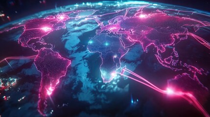 Fototapeta premium Digital World Map with Glowing Network Connections and Nodes