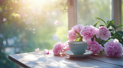 Charming cafe table adorned with pink peonies and a coffee cup, illuminated by soft, warm morning sunlight.