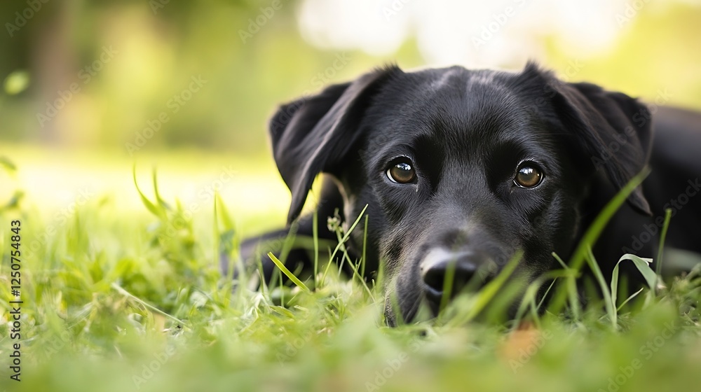 Poster Closeup of a black dog lying on grass with a curious expression in natural light : Generative AI