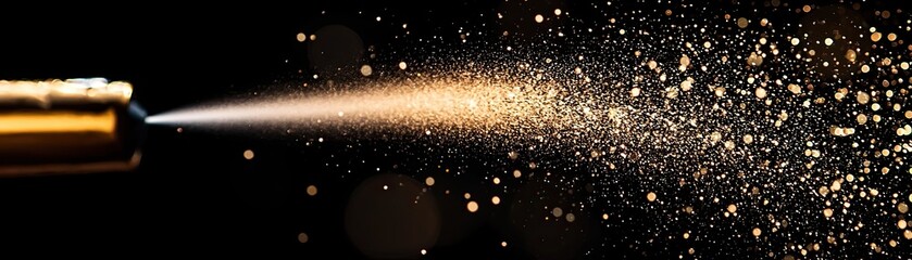 Spray droplet evaporation, Glimmering Golden Sparkles Burst from a Spray Bottle Against a Black Background