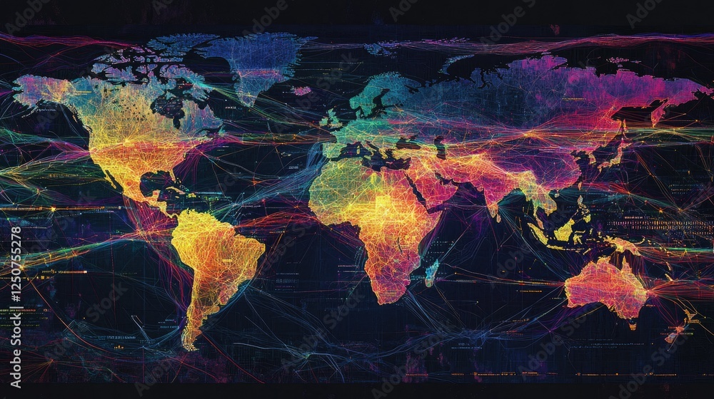 Poster colorful abstract world map with vibrant lines and patterns