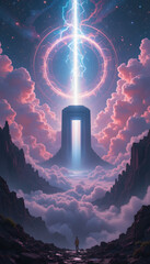 otherworldly space horizon with soft neon vapor clouds, an enormous glowing portal in the sky, and a small human figure gazing at an ancient floating monolith radiating energy beams