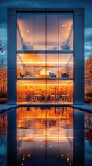 Glass Cube Office Reflects Autumn
