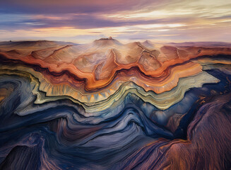 An aerial view of a colorful, layered landscape. The vibrant hues and swirling patterns create a dramatic, abstract scene against a cloudy sunset background.