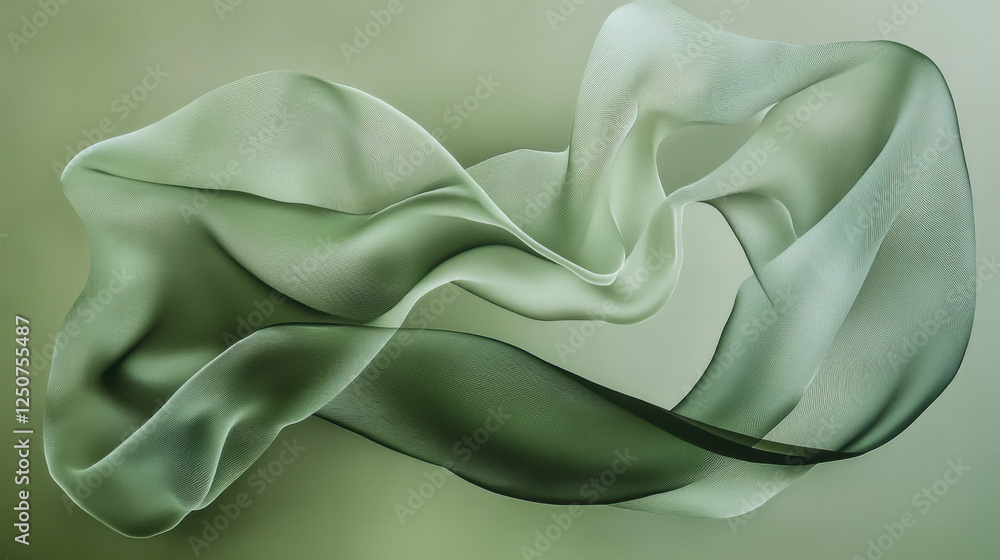 Poster flowing green silk fabric creates an elegant wave against a soft backdrop while showcasing transluce