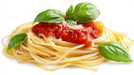 Delicious spaghetti with bright red marinara sauce and basil leaves, isolated on a clean white backdrop for design flexibility.