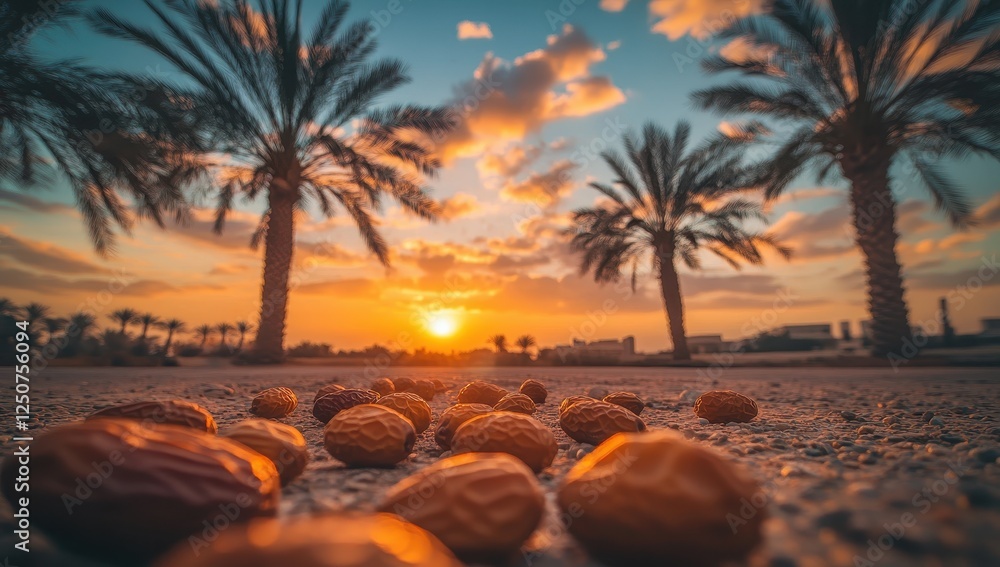 Poster sunset over palm trees with dates on ground.