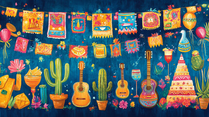 Mexican holiday of Cinco de Mayo vector greeting banners. Fiesta party guitar, maracas and sombrero, cactus, tequila and margarita, pinata, chilli tacos and nachos, balloons and Aztec pyramid