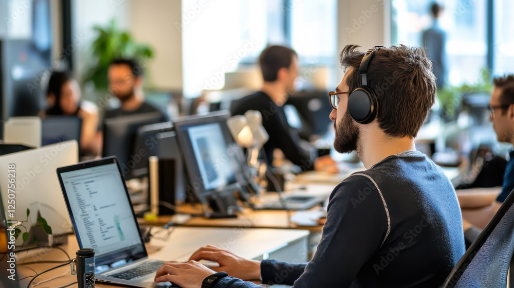 Poster focused software developer working in a modern office environment with headphones on while coding la