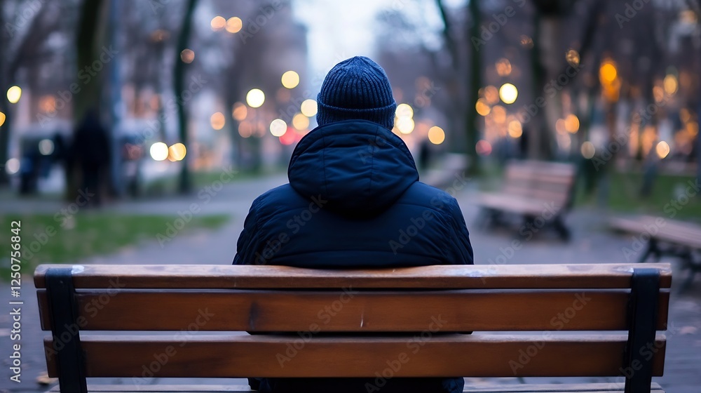 Poster individual on a park bench surrounded by soft lights in the evening atmosphere : generative ai