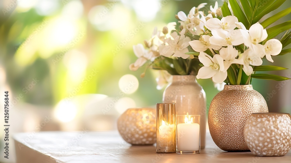 Poster elegant indoor floral arrangement with white orchids and subtle ambient light : generative ai
