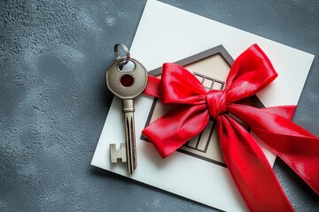A key with a red ribbon symbolizes new beginnings and modern homeownership celebrations