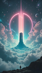otherworldly space horizon with soft neon vapor clouds, an enormous glowing portal in the sky, and a small human figure gazing at an ancient floating monolith radiating energy beams