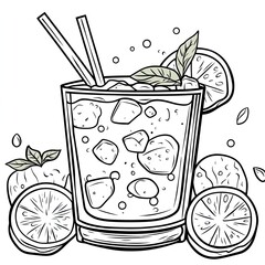 Simple Coloring Book Page Illustrations of Refreshing Mojitos
