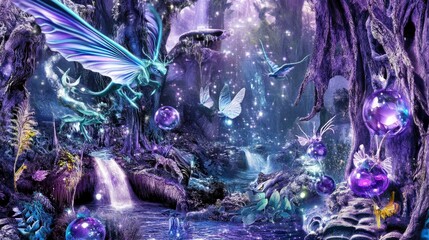 Enchanted Forest Dream: A Mystical Waterfall Scene with Glowing Creatures and Crystals